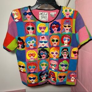 Michael Simon Sweater Top Vintage Woman Face with Sunglasses Colorful Sz Small